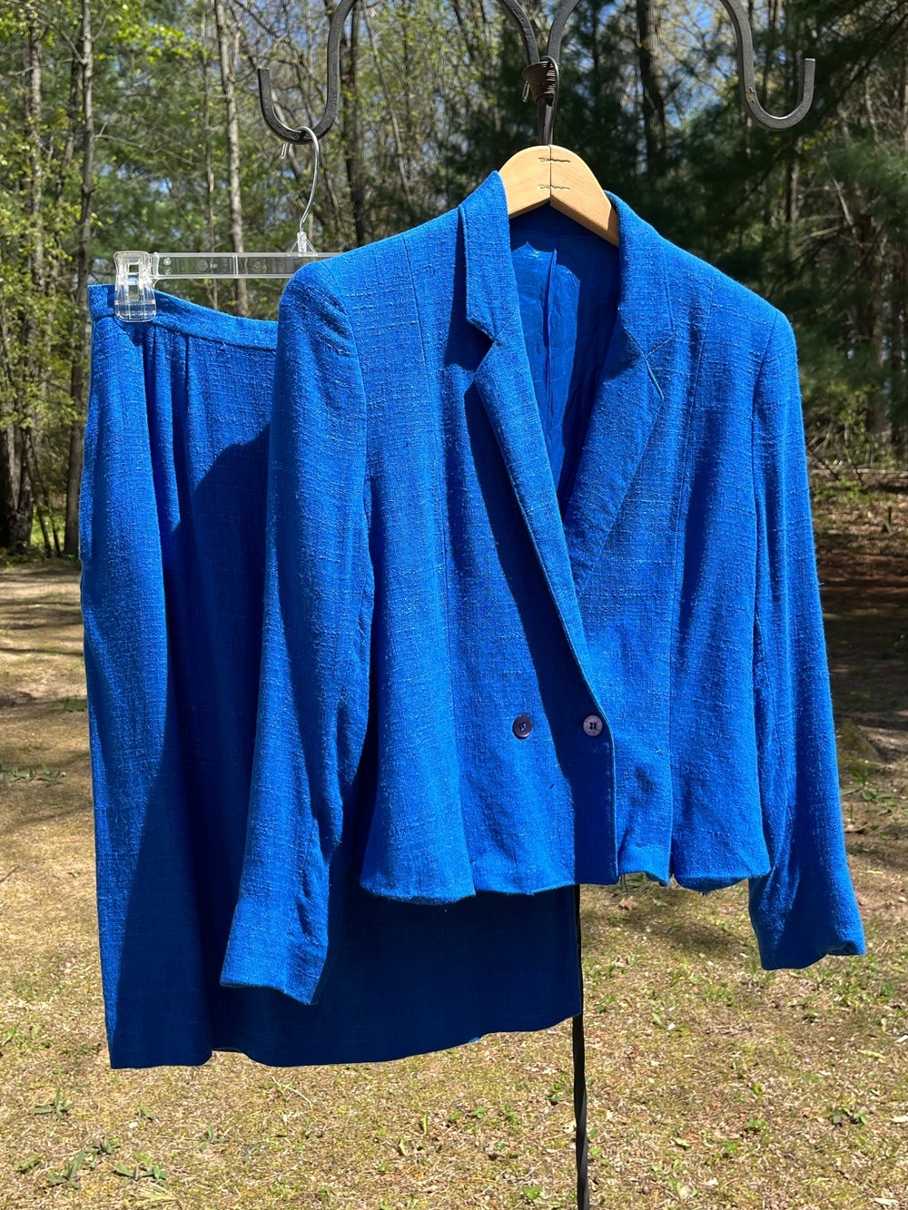 80s Michelle Stuart Cobalt Blue Linen 2-Piece Skirt Suit Set Size 12 P Retro